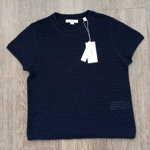 NWT Vince Women's 100% Cotton Crochet Crewneck T-Shirt Size SMALL Coastal Blue